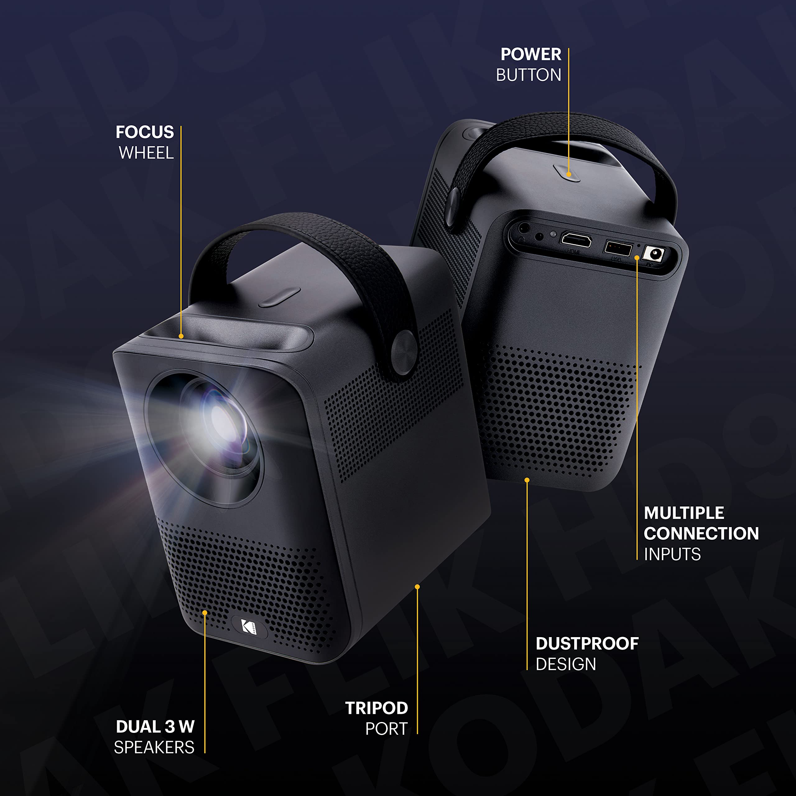 Kodak Flik Hd9 Smart Projector | Mini Black Portable Indoor & Outdoor Movie With Android Tv Streaming Apps, Wi Fi And Bluetooth,